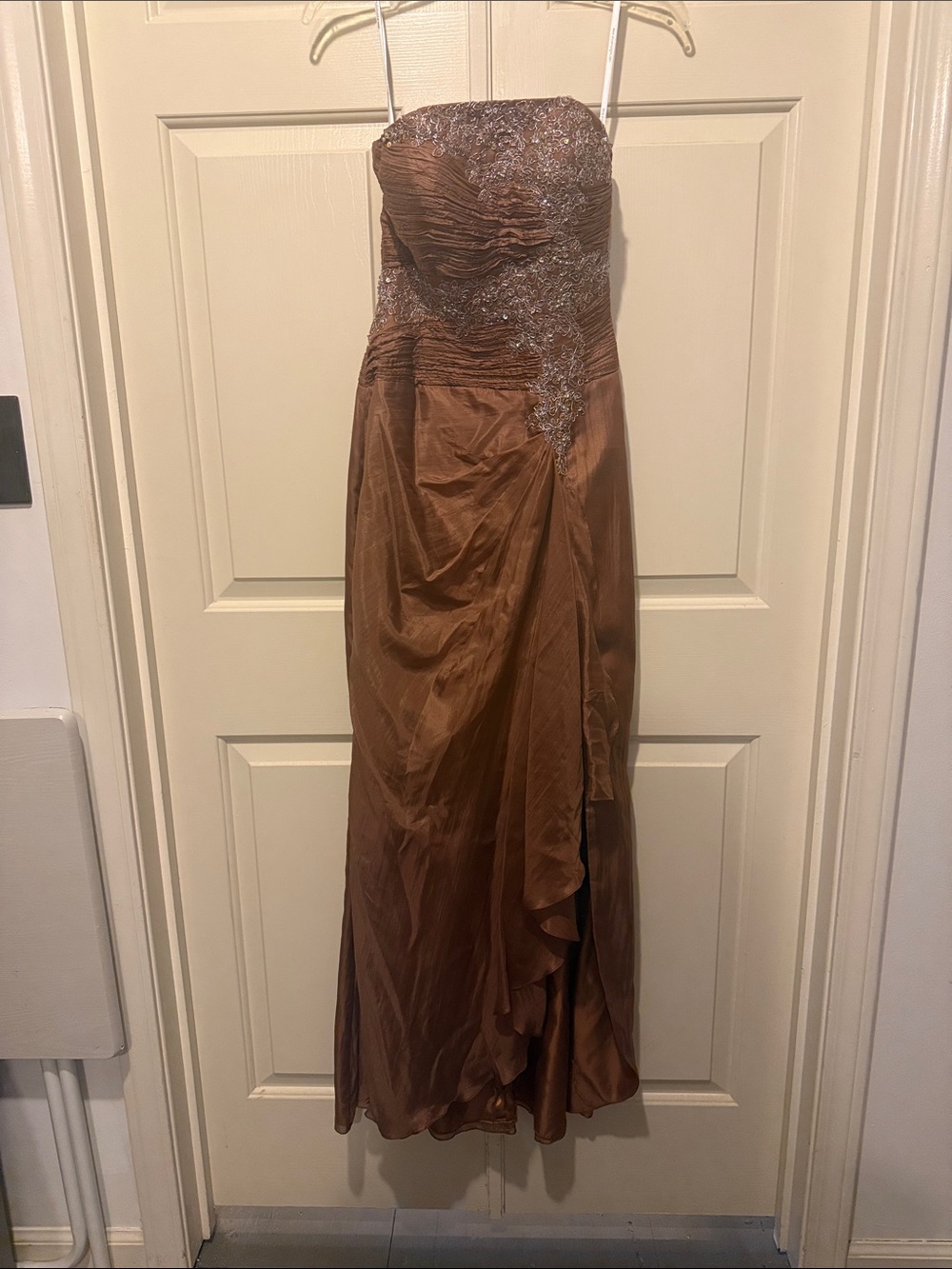 Strapless Copper-Brown Evening Gown with Beaded Bodice
